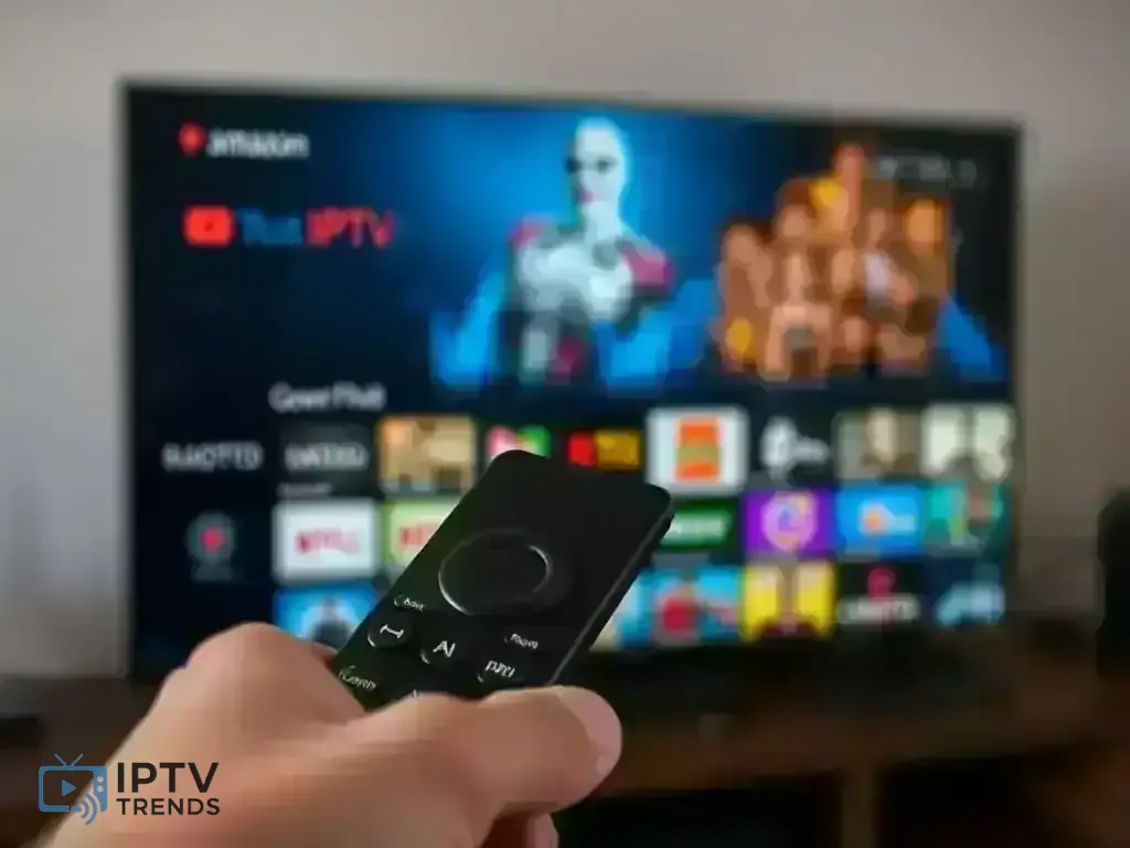 Amazon Fire TV remote control pointing to IPTV app interface