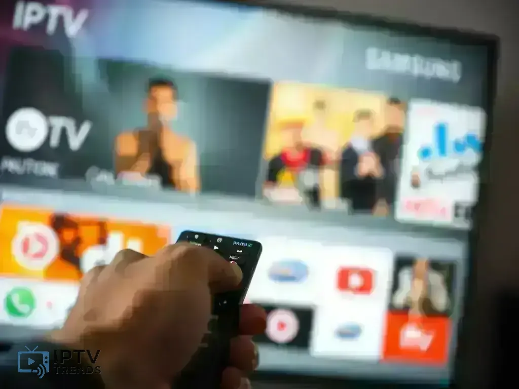 Smart TV IPTV Setup - Remote control pointing to IPTV app on Samsung TV screen